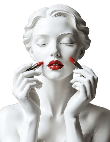 Makeup artist applying makeup to a client, statued in a modern, minimalist style